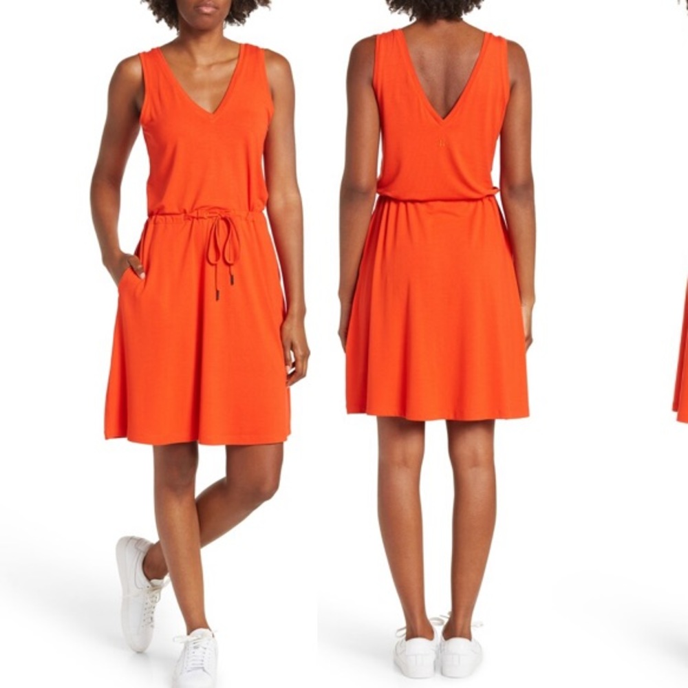 Sweaty Betty Take It Easy V-Neck Drawstring Drop Waist Red Dress size S